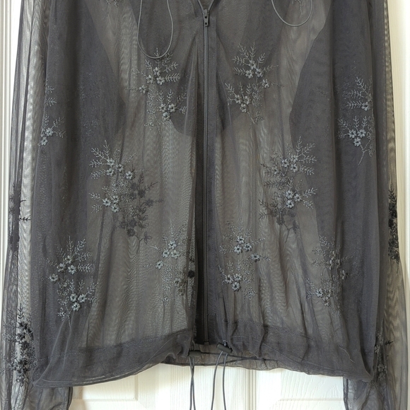 Newport News Y2K Vintage Sheer Floral Embroidered Mesh Zip Up Hoodie Gray Large - Picture 5 of 12